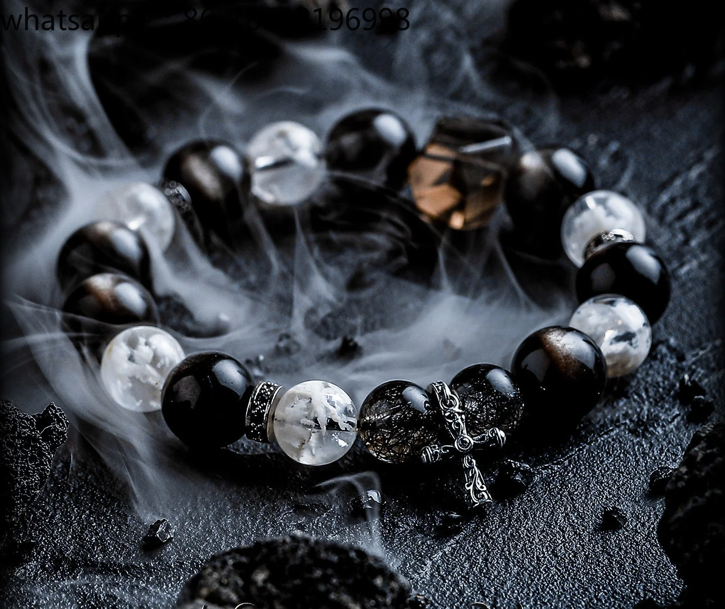 [Ningdong] Silver Obsidian Bracelet Men's Premium Black Hair Crystal Bracelet Crystal Beads