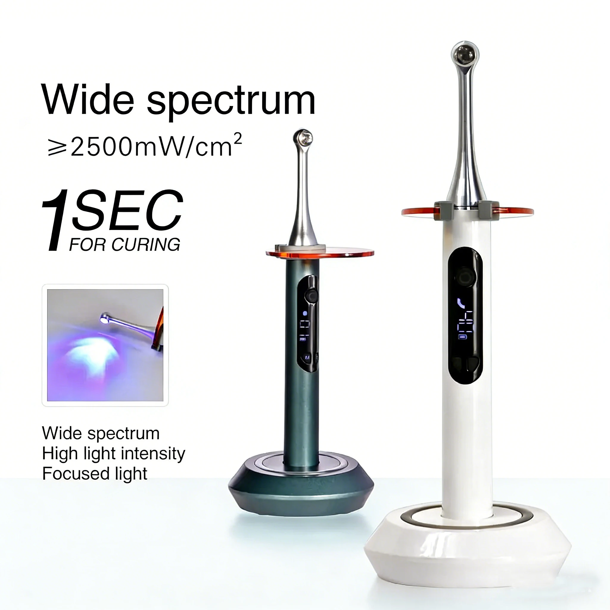 Luz de curado LED de amplio espectro de alta potencia de curado de luz dental inalámbrica de 1 segundo 2500 mW/c ㎡   360 °   Dentista de cabeza de curado de rotación