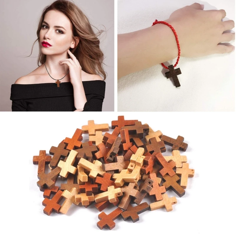 50 Pcs Natural Wood Cross Pendant Jewelry Findings Fashion Small Cross Charm Hanging Decoration Jewelry Accessories