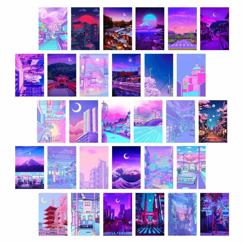 10/30 PIÈCES Japonais Dessin Animé Ville Paysage Affiche Cartes Violet Esthétique Mur Collage Kit Maison Dortoir Décor Mural Photo Accessoires Cadeaux