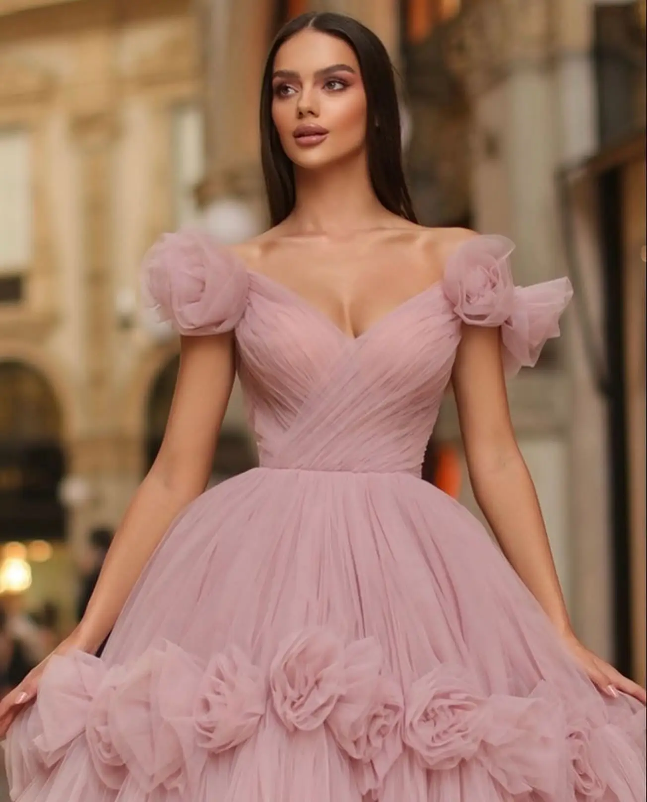 Bafftafe Pink A Line Korea Tulle Women Prom Dresses Flowers Wedding Photo Shoots Evening Party Formal Evening Gowns Customized