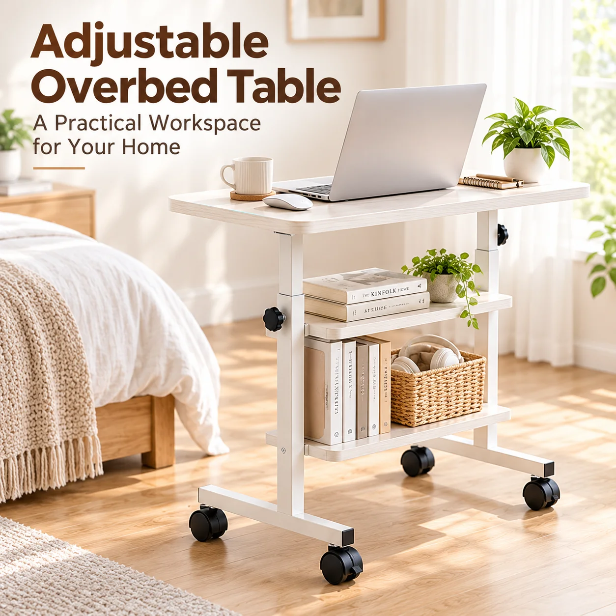 AOLIVIYA Adjustable Height Rolling Overbed Table Mobile Laptop Desk With Storage Shelves Bedside Sofa Side Table For Bedroom