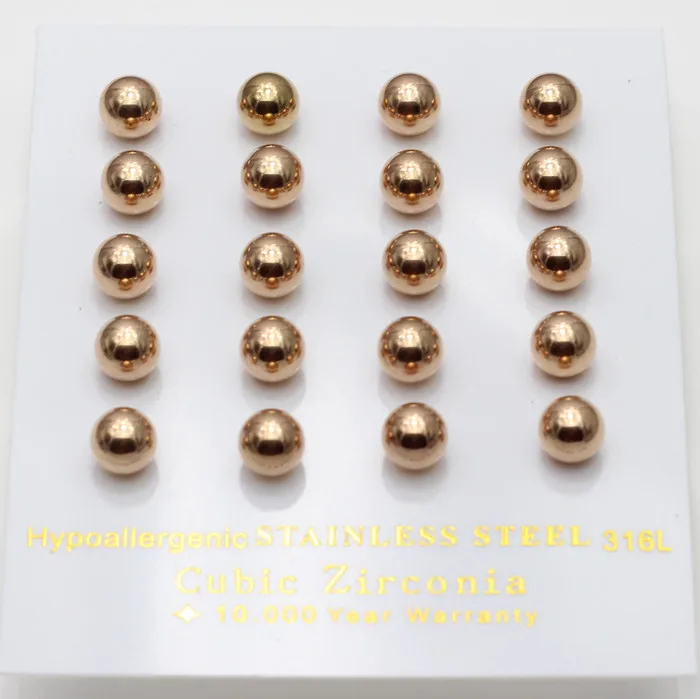 LUXUKISSKIDS 3-10MM Rose Gold Color Stud Earings Steel Cubic Round Ball Piercing Korean Fashion Wholesale Jewelry 10pairs/Lots