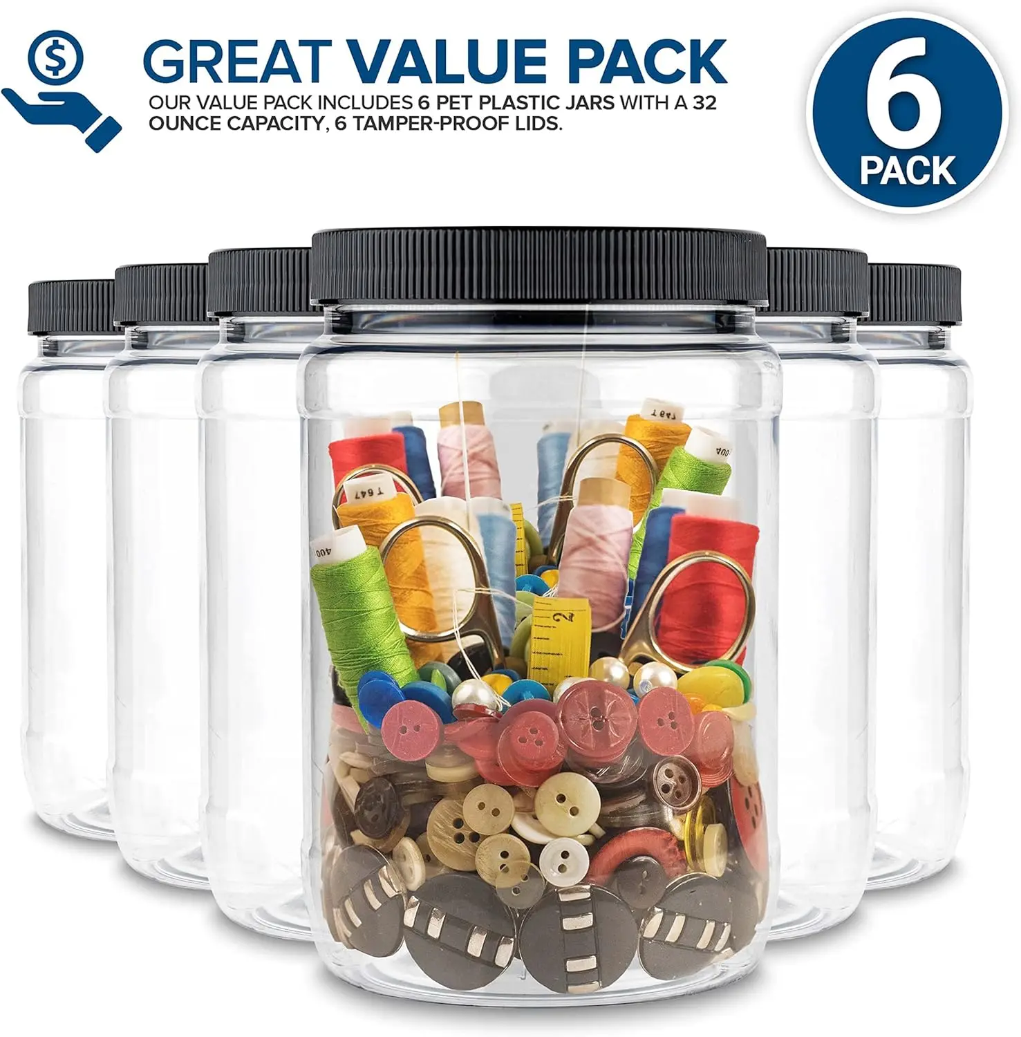 برطمانات ميسون بلاستيكية خالية من مادة BPA سعة 32 أونصة (6 عبوات) مع أغطية محكمة الغلق للأرز والمعكرونة والقهوة والحبوب والحلوى والبسكويت #3