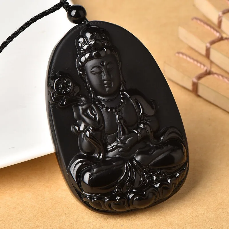

Ожерелье с подвеской в виде Гуаньинь из обсидиана, классический кулон