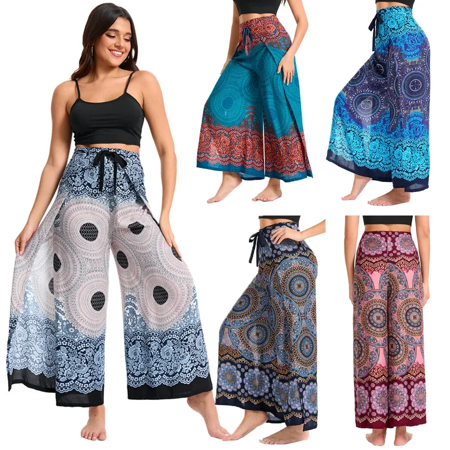 Women's Boho Palazzo Pants Wide Leg Yoga Wrap Tie Up Waistband Beach Cover Up Trousers Rayon Soft Breathable Loose Pants