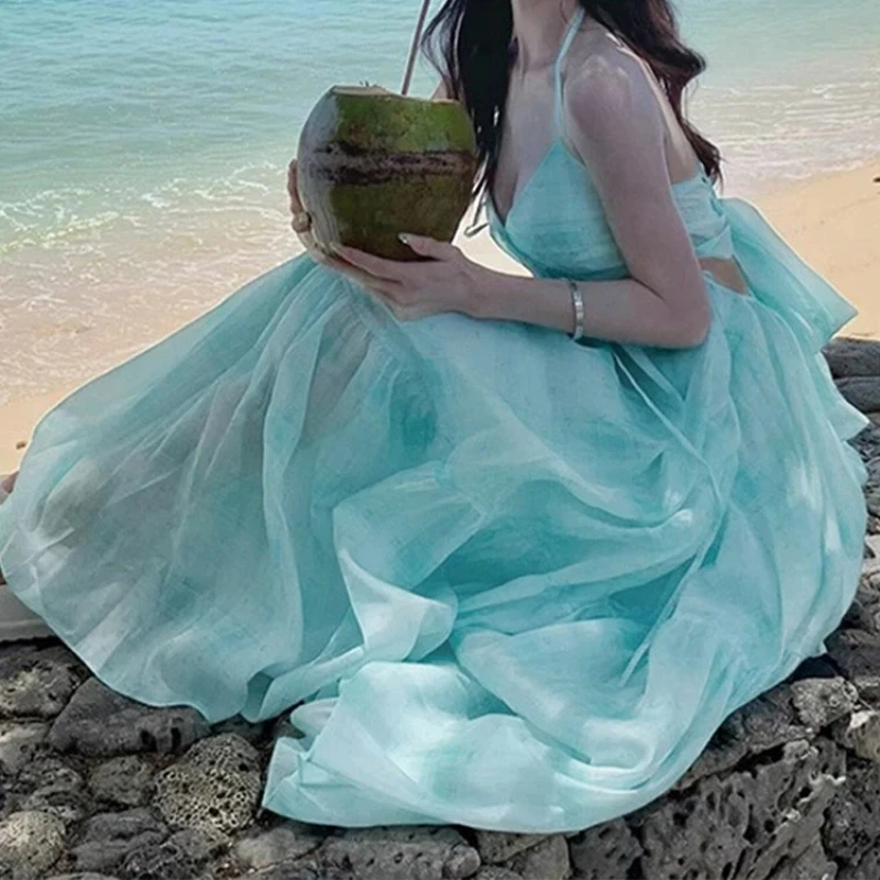 

Mint Manbo Seaside Vacation Atmosphere Beach Dress Design Hanging Neck Dress Fairy Temperament Dress