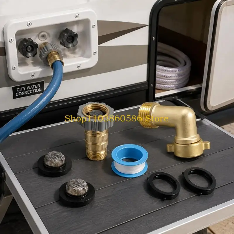 242A Travel Trailer Water Pressure Regulator Kit in Brass with 90 Degree Elbow Adapter, Thread Seal Tape, Washer Accessories and