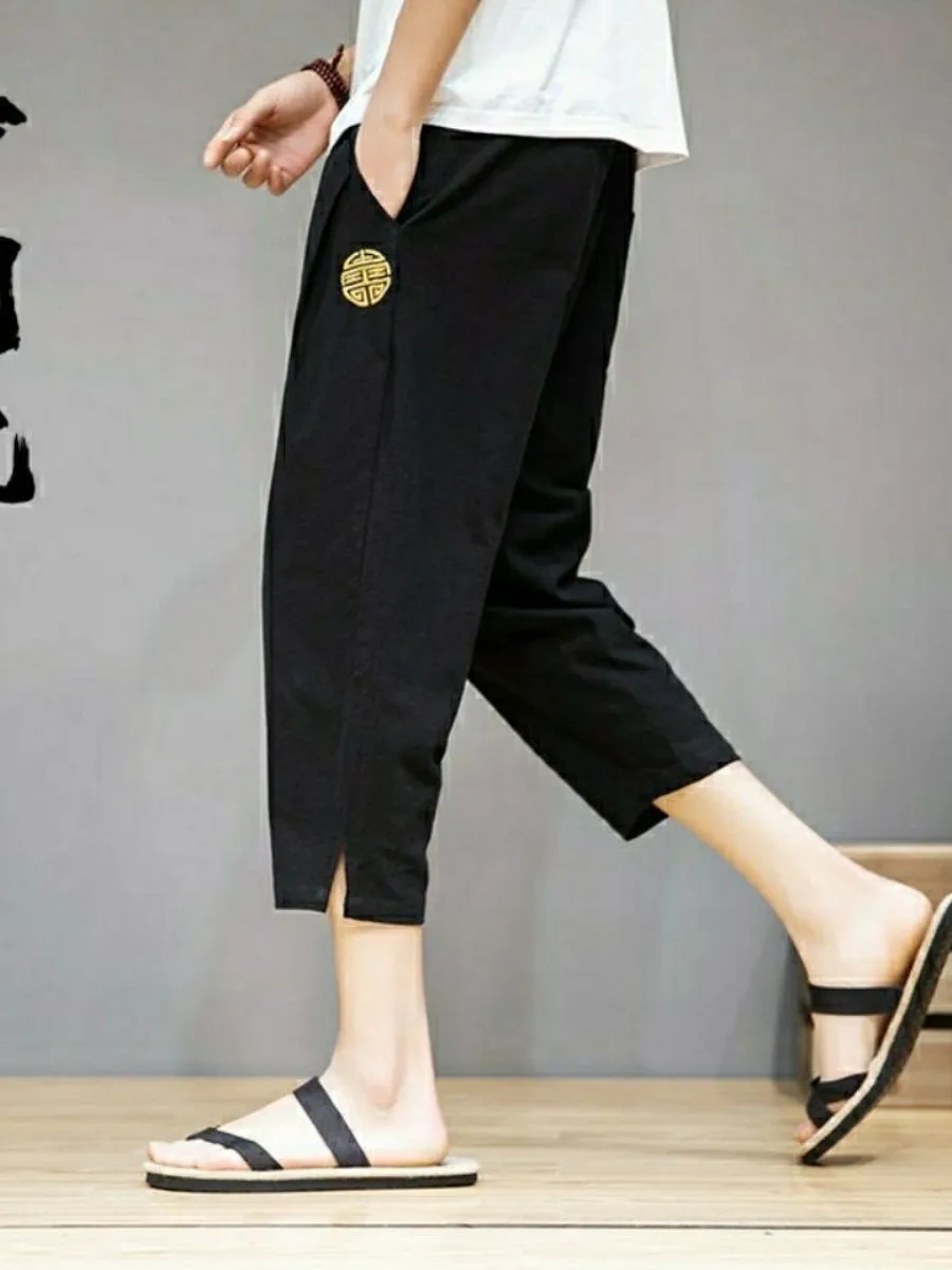 Men's Embroidered Cotton Linen Harlan Loose Fit Casual Pants Summer Thin Style Fashionable Trousers Comfortable Loose Harem P...