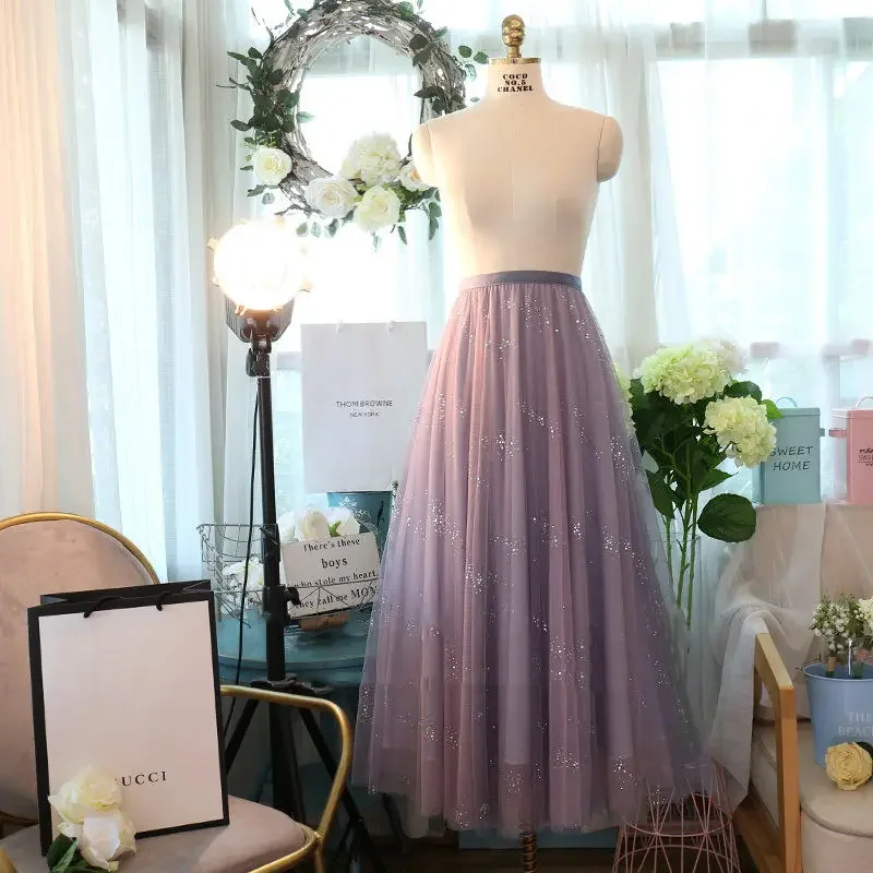 ใหม่แฟชั่นเลื่อมกระโปรงผู้หญิงฤดูร้อนเอวยางยืดGradientจีบกระโปรงElegantสายTulleกระโปรงยาวVINTAGE Jupe