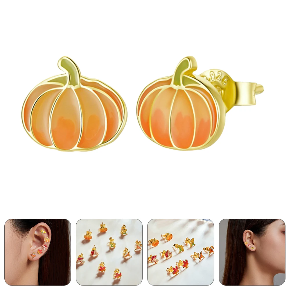 

Pumpkin Stud Earrings Lovely Sterling Silver Jewelry Autumn Ear Pendant 925 Silver Ear Stubs Elegant Holiday Season Gift