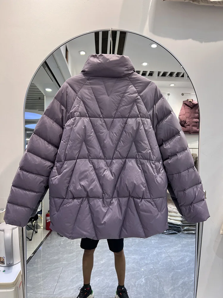 冬軽量ダウンジャケット無地ファッションカジュアルルーズエレガントな女性スタンドカラーホワイトダックパファーコートアウター