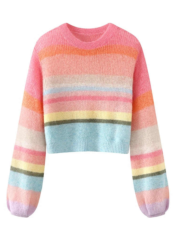 Zoki Women Sweet Rainbow Striped Sweaters Korean Loose Casual Knitted Jumpers Fall Long Sleeve Female O Neck Elegant Jumpers New