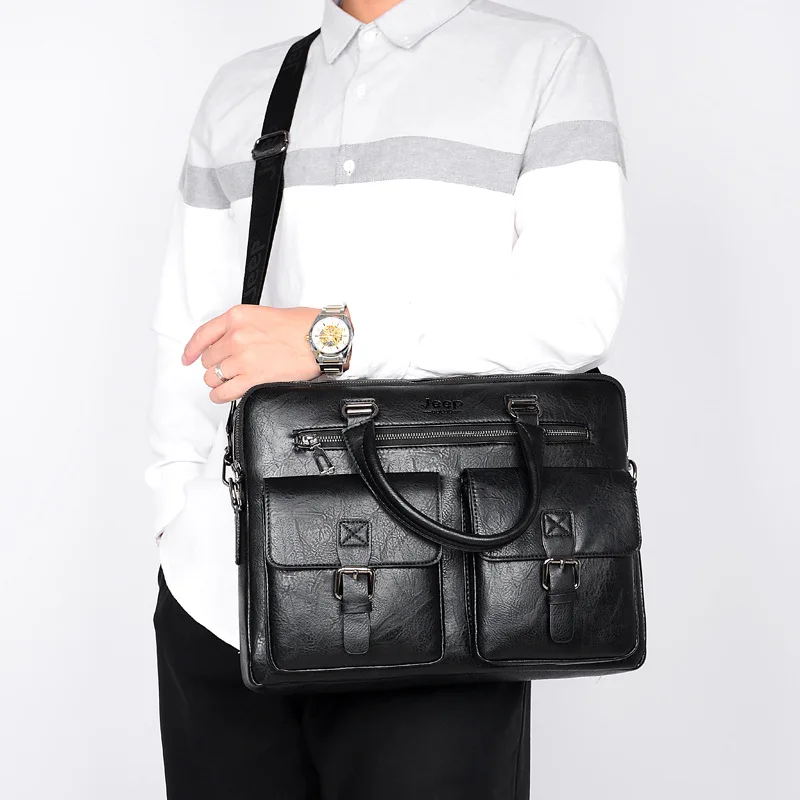 Soft PU leather men's briefcase with lock, zipper, multi-pocket computer storage, business single-shoulder briefcase