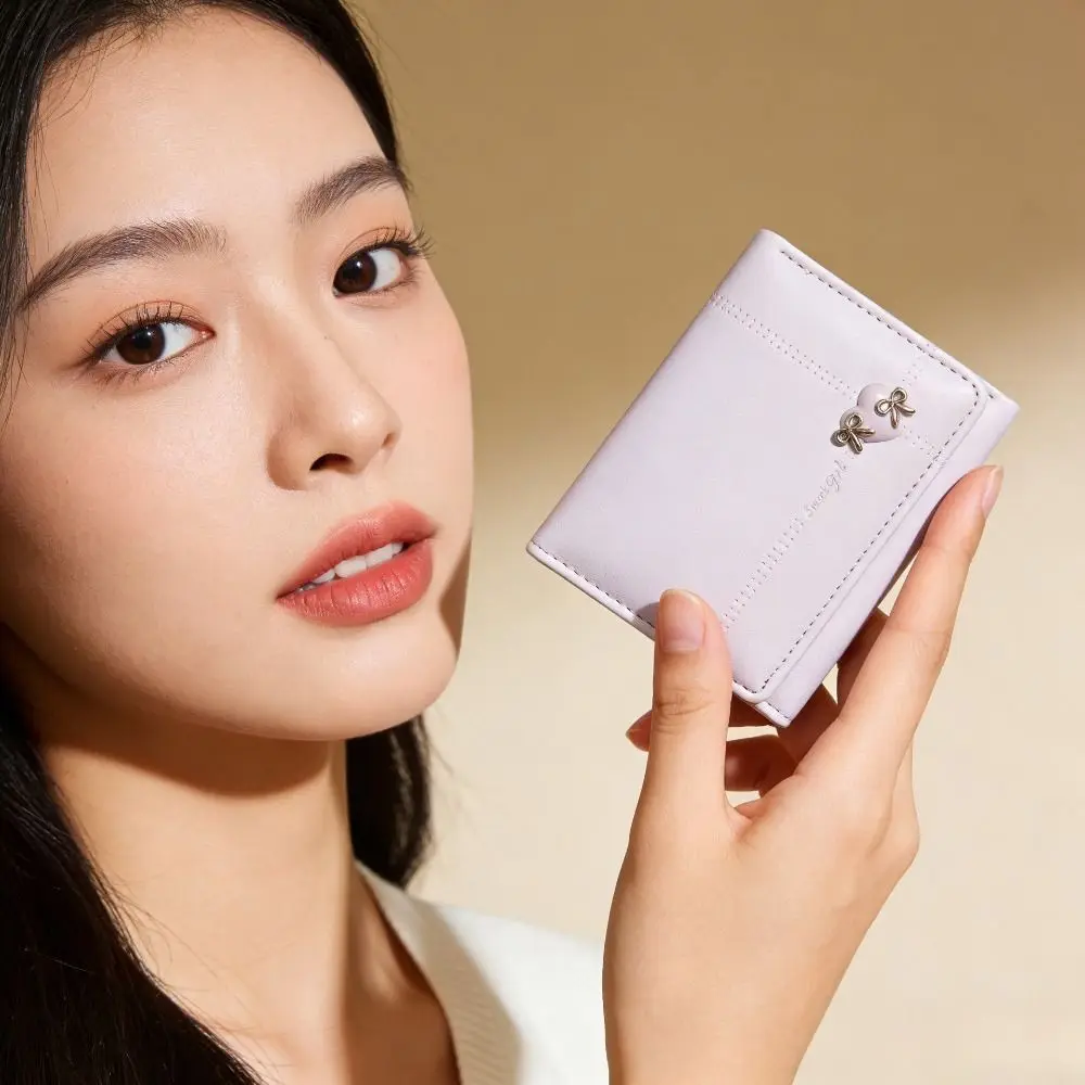 Heart-Shaped Bow Design Tri-fold Short Wallet Foldable Multiple Card Slots Money Bag Multipurpose PU Leather Credit Card Holder