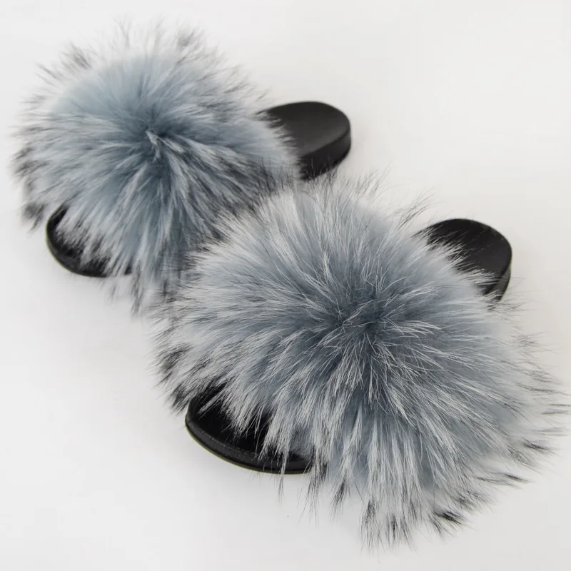 Real Raccoon Fur Slippers Women\'s Summer Fur Slippers Big Size Furry Natural Fur Shoes Beach Plush Sliders Fashion Female Shoes