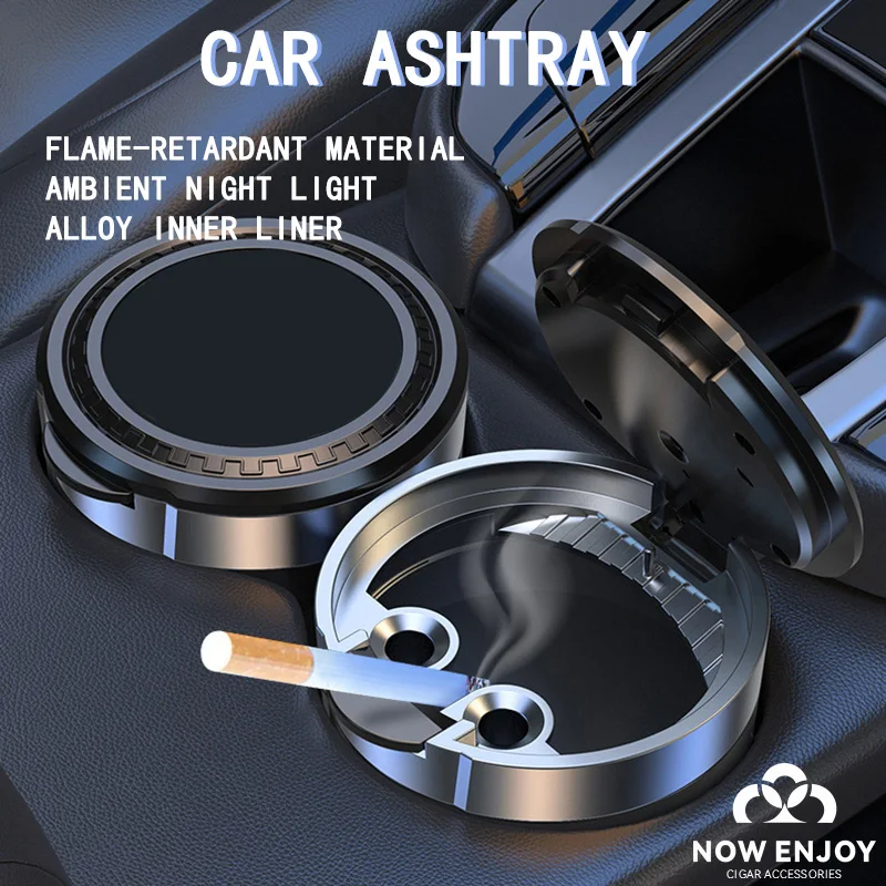 Portable Can LED Ashtray Smokeless Auto Cigarette Ash Holder with Lid Detachable Metal Lining One-Click Push Open Splash-Proof