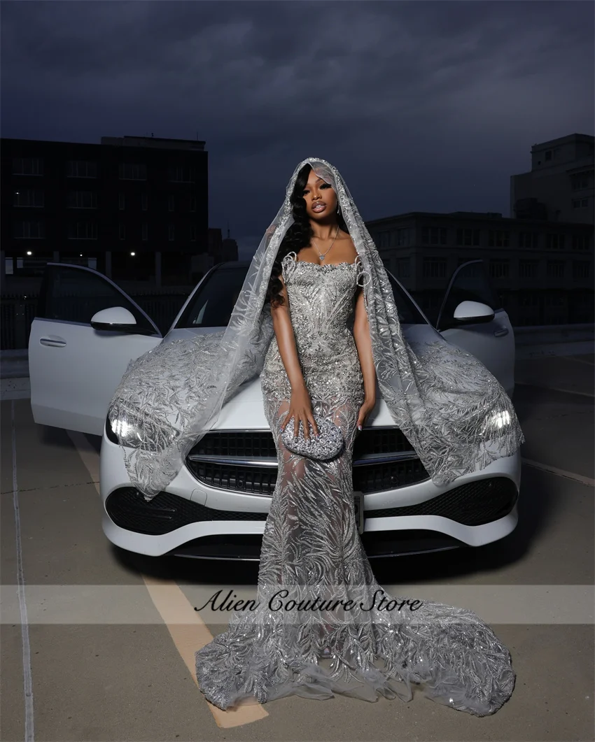 Elegant Silver Luxury African Evening Dresses With Cape Crystal Beading Wedding Reception Party Prom Gowns Customized image 2