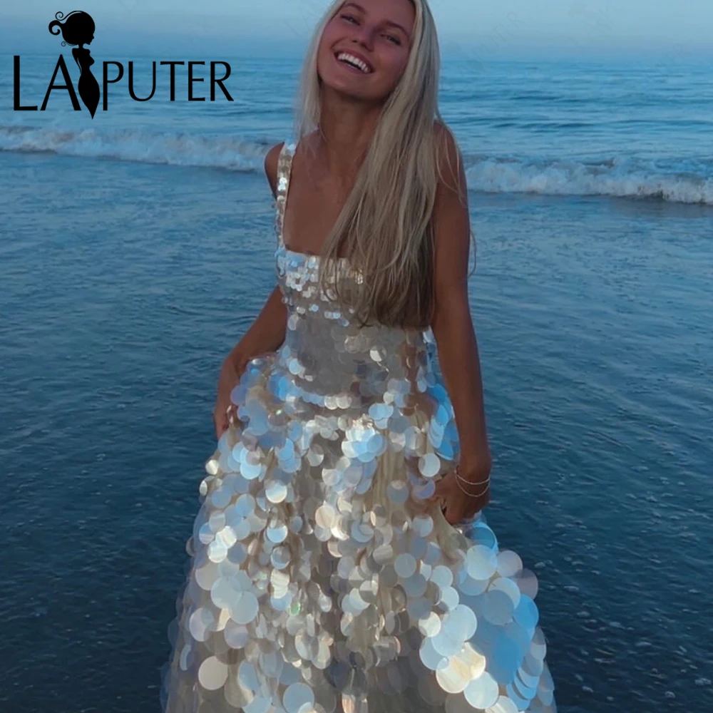 Big Sequin A line Evening Dresses Cute Low-cut Square Neck Shoulder Straps Prom Gown Glitter Sequin Girl Formal Gown 2026