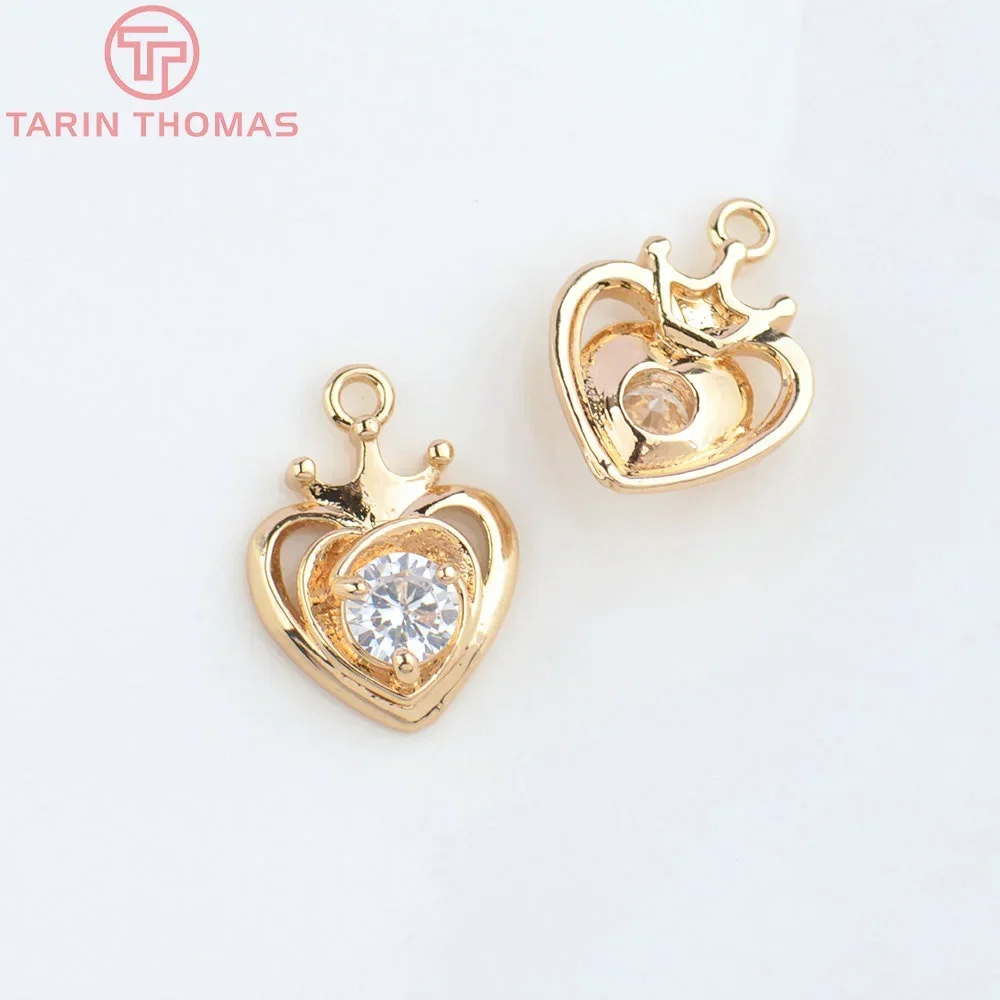 (4827) 10PCS 12x14MM 24K Champagne Gold Color Brass with Zircon Heart Crown Pendants High Quality Jewelry Making Findings