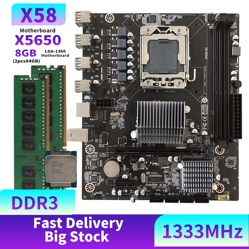 X58 Motherboard Xeon Kit with + Intel Xeon X5650 CPU + 2PCS 4GB DDR3 RAM 1333MHZ Placa Mae LGA1366 PC Assembly Kit Plate