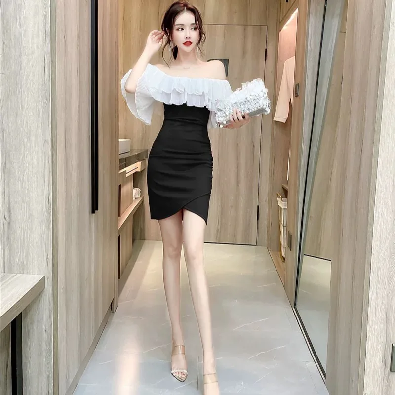 Korea Office Lady Elegante Slash Hals Jurk Vrouwen Hip Hit Kleur Ruches Slanke Sexi Chaming Jurken Zakelijk Diner Banketten Jurk
