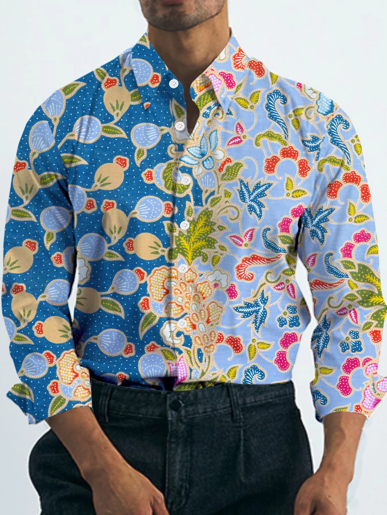 Men's shirt regular lapel shirt men's 3d printing irregular geometric printing casual street long sleeve fashion printed shirt，
