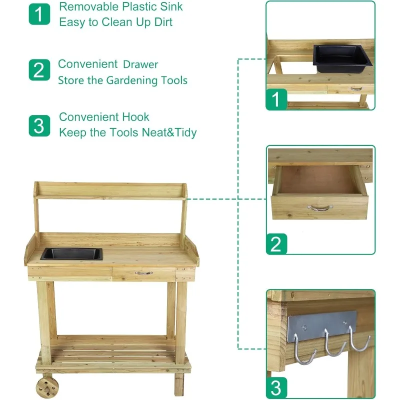 LUCKYERMORE Potting Bench Table Wooden Gardening Plant Workstation Natural Solid Wood Garden Potting Station w/Wheels and