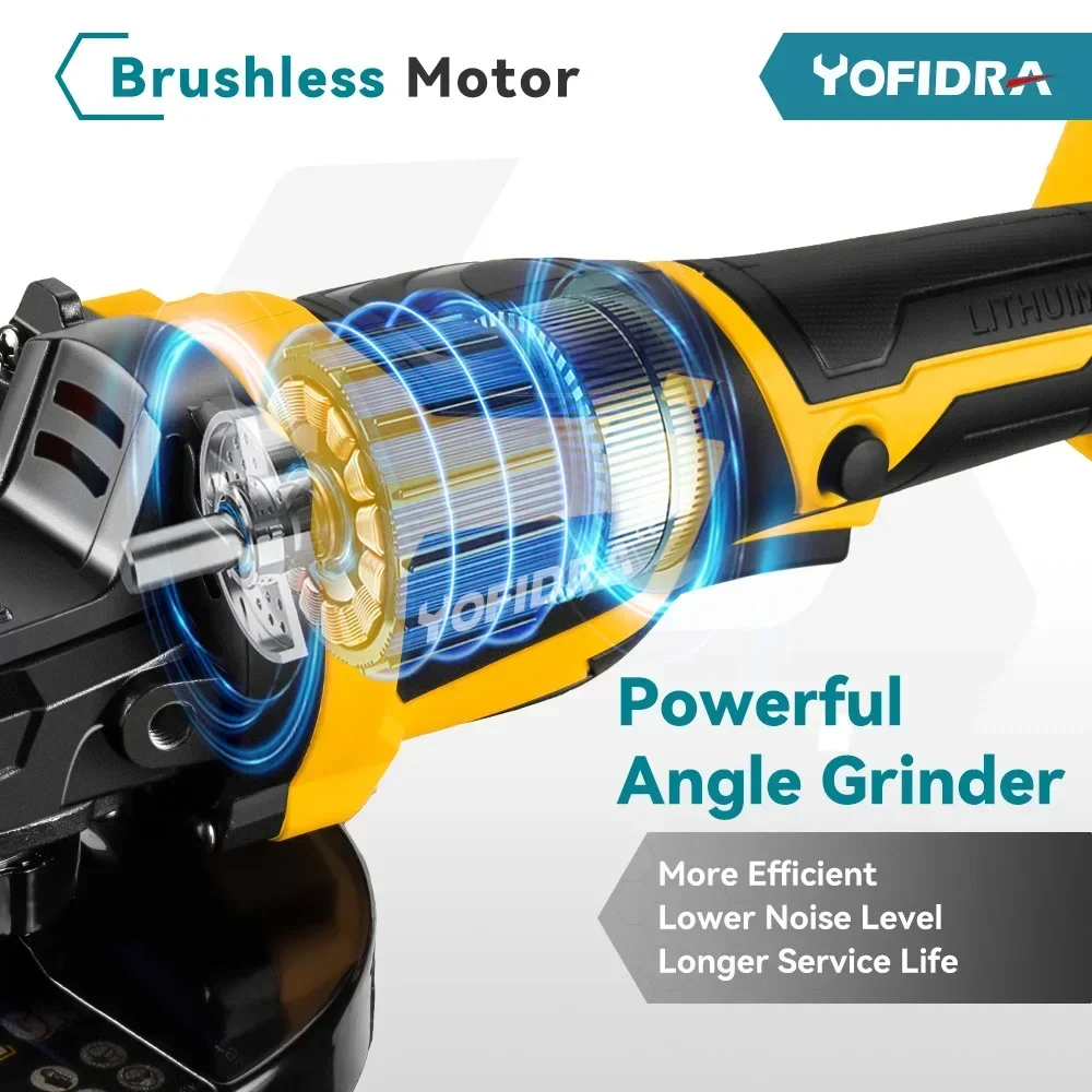 YOFIDRA 125mm Brushless Angle Grinder 12000Rpm 3 Gears M14 Cordless Electric Impact Grinding Power Tool For Makita 18V Battery