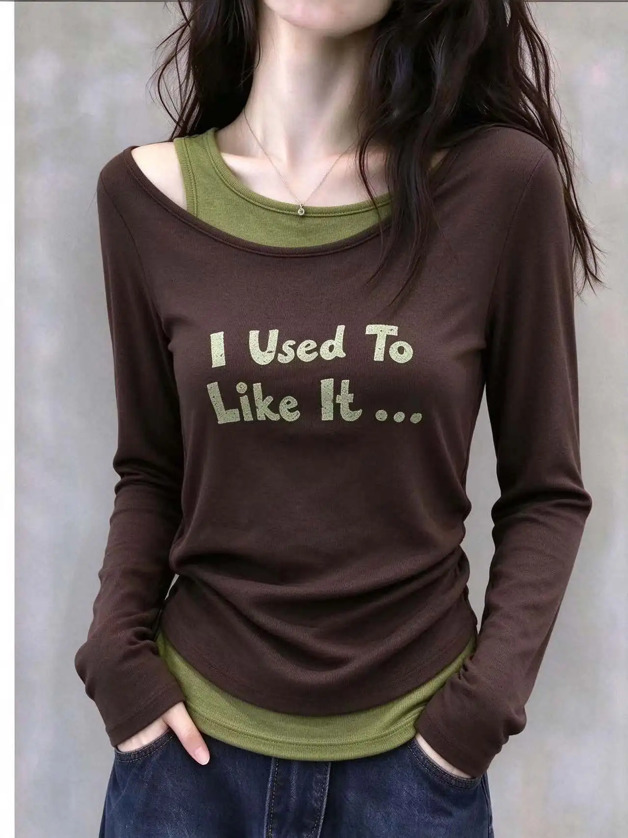 Korean Style Long Sleeve T-Shirt Color Block Design Shoulder Angle Design Summer New Arrival Soft Comfortable Polyester Fiber