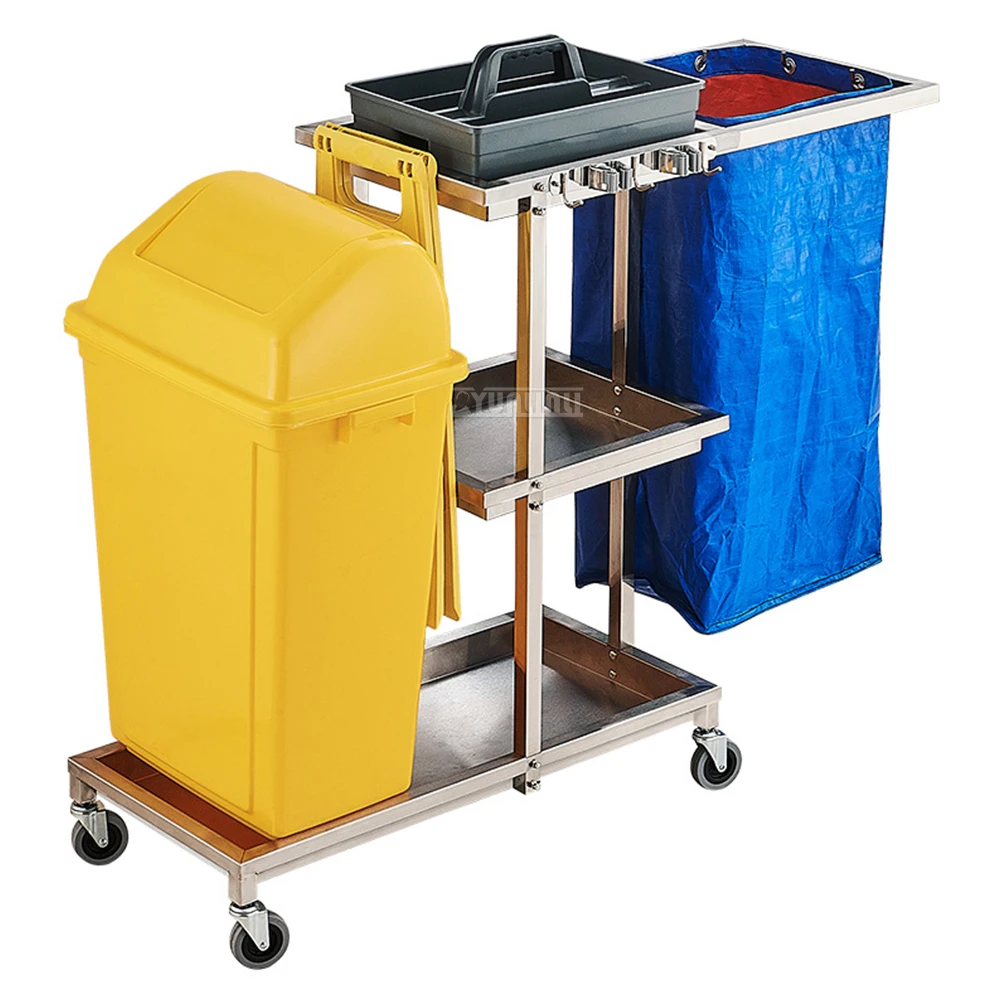 Stainless Steel Hotel Housekeeping Cart – Service Trolley for Linen & Cleaning Supplies, Property Maintenance Sanitation Cart