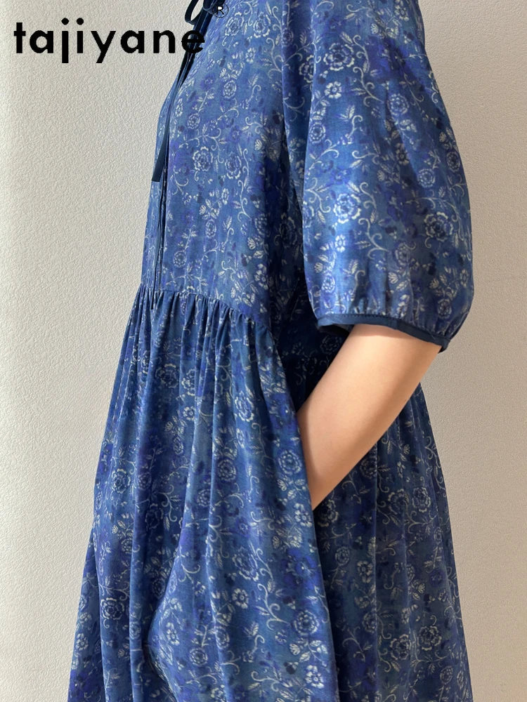 TAJIYANE 100% Real Mulberry Silk Dress Woman Summer 2025 New in Long Dresses Vacation Dark Blue Frocks Ladies Clothes Vestidos