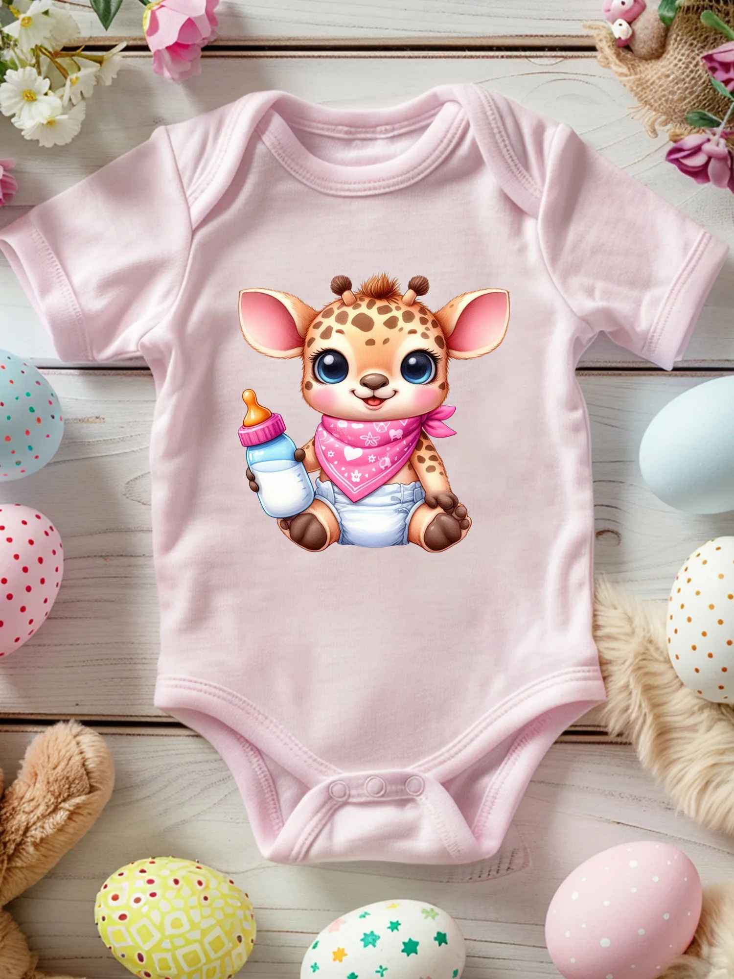 

Little Giraffe Wearing Bandana Unisex Baby Crawling Suit, 100% Cotton Soft Onesie, All-Season Wear Pink Bodysuit 190GSM