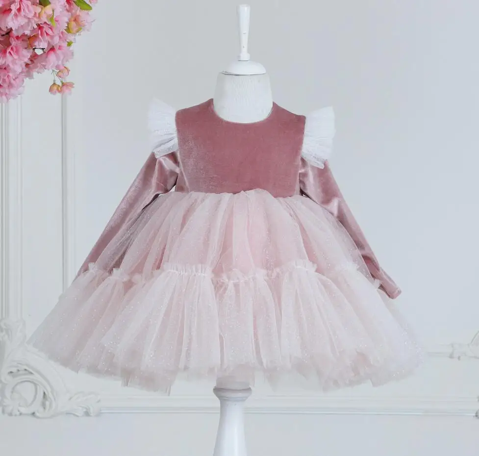 Gorgoues Flower Girl Dress Tutu Outfit Glitter Tulle Baby Dress Toddler Girl Long Sleeve Birthday Dress Party Gown