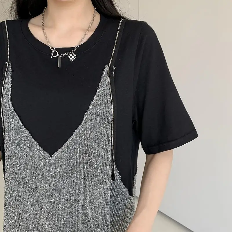 Dimanaf 2023 プラスサイズ Tシャツ夏の女性の綿ルーズビーチカジュアル女性メッシュ V ネックツーピース黒 A ラインドレス