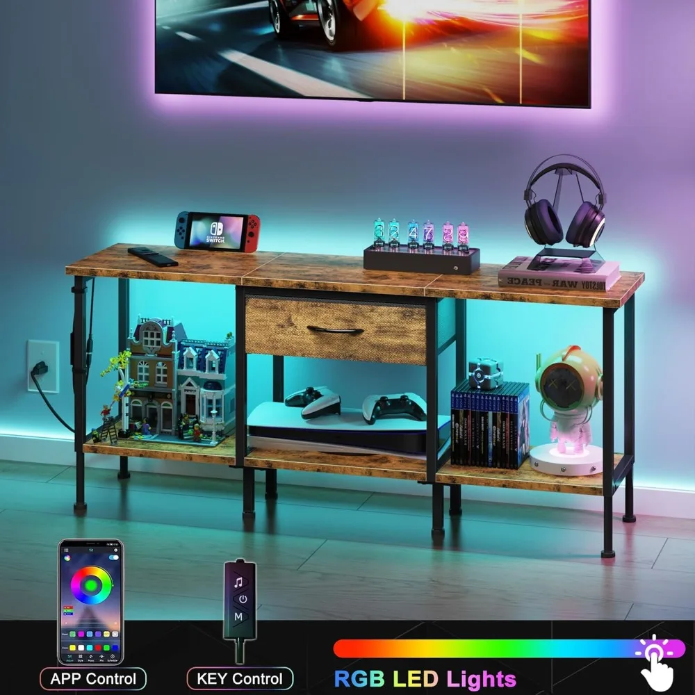 حامل تلفزيون LED مع مخرج طاقة وأضواء RGB - مركز ترفيهي لأجهزة التلفاز مقاس 55-32 بوصة، وحدة تخزين بأدراج قماشية، بني ريفي #6