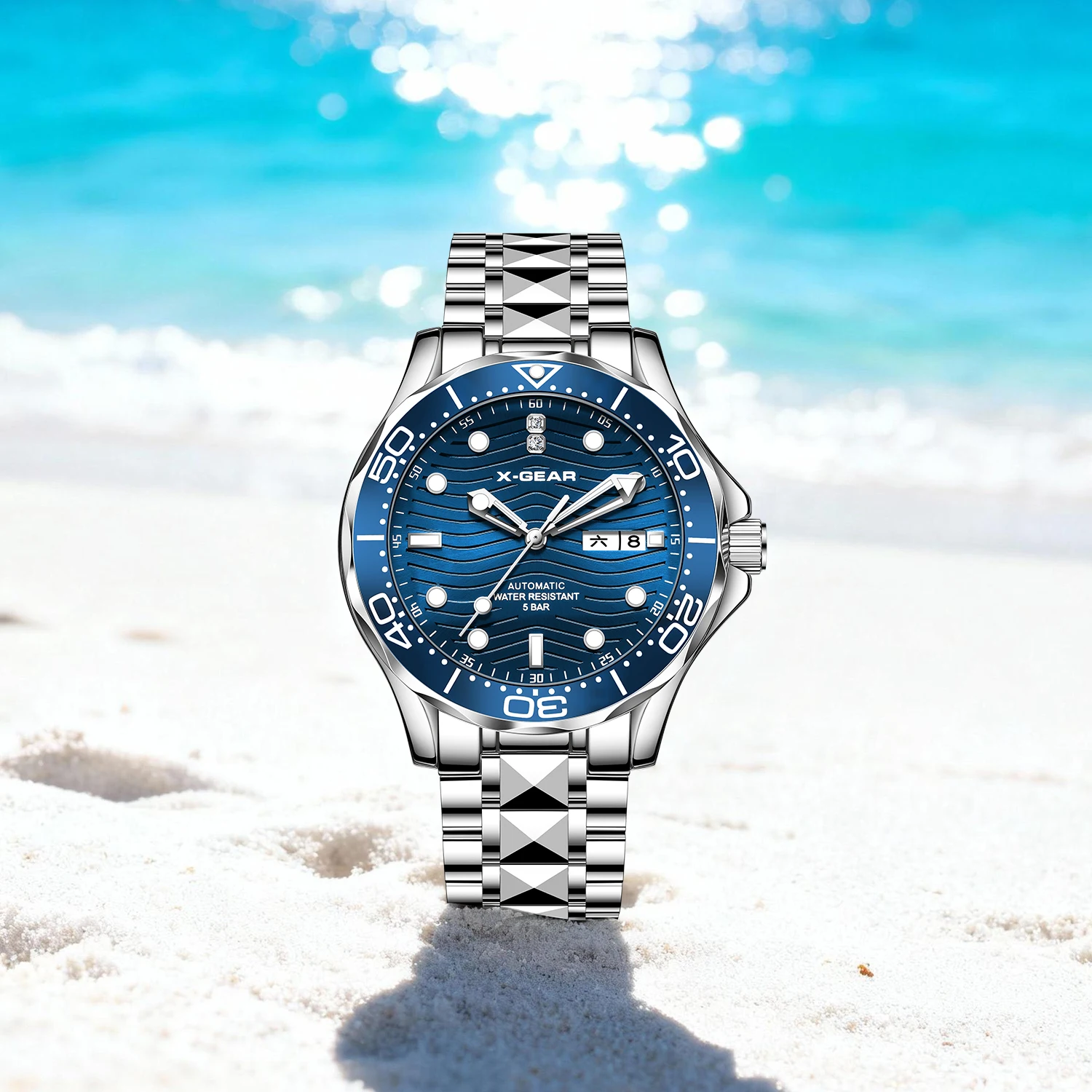 ساعة X-GEAR ميكانيكية أوتوماتيكية للرجال بإطار سيراميك من الفولاذ المقاوم للصدأ وأيدي مضيئة #3