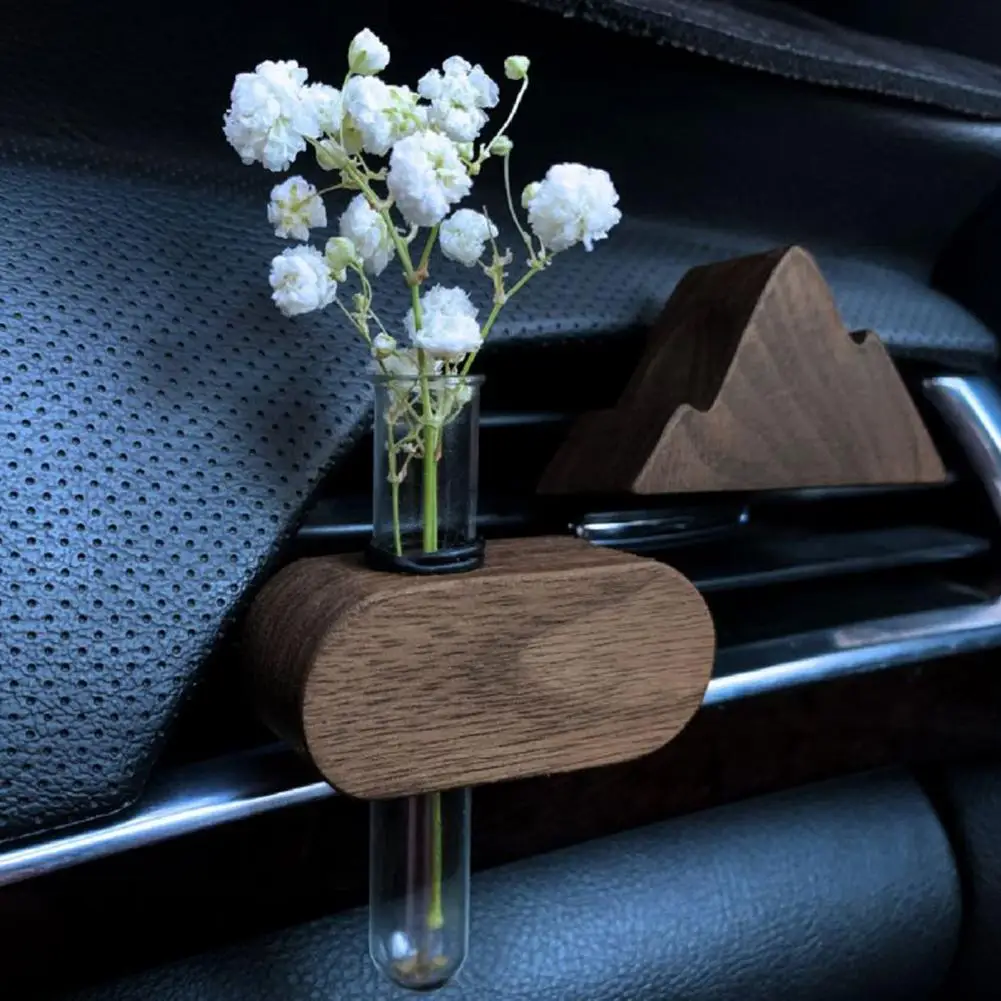 Car Air Outlet Decoration Artistic Flower Arranger Holder Universal Tube Vases with Magnet Wooden Stand Auto Interior Accessory