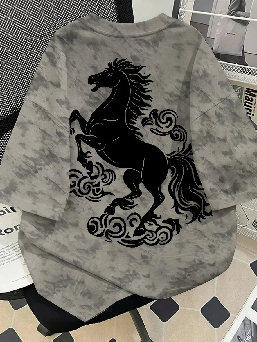 

Fashionable Dyed Short Sleeve Men's T-shirt Vintage Versatile Casual round Neck Print Geometric Pattern China Made Summer Wear
