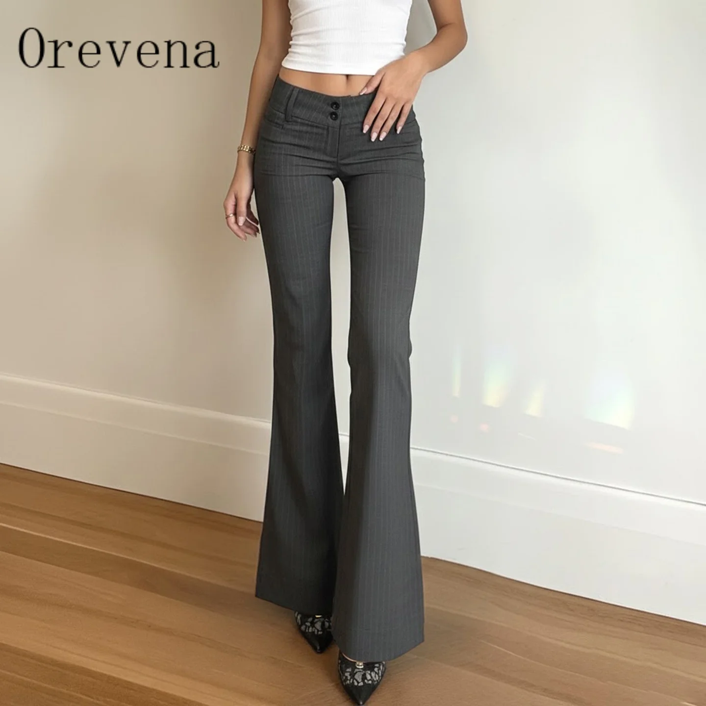 Y2K Retro Low Rise Ruched Flare Pants Women Grey Suit Material Big Flared Trousers Vintage Y2K Street Office Casual Long Pants