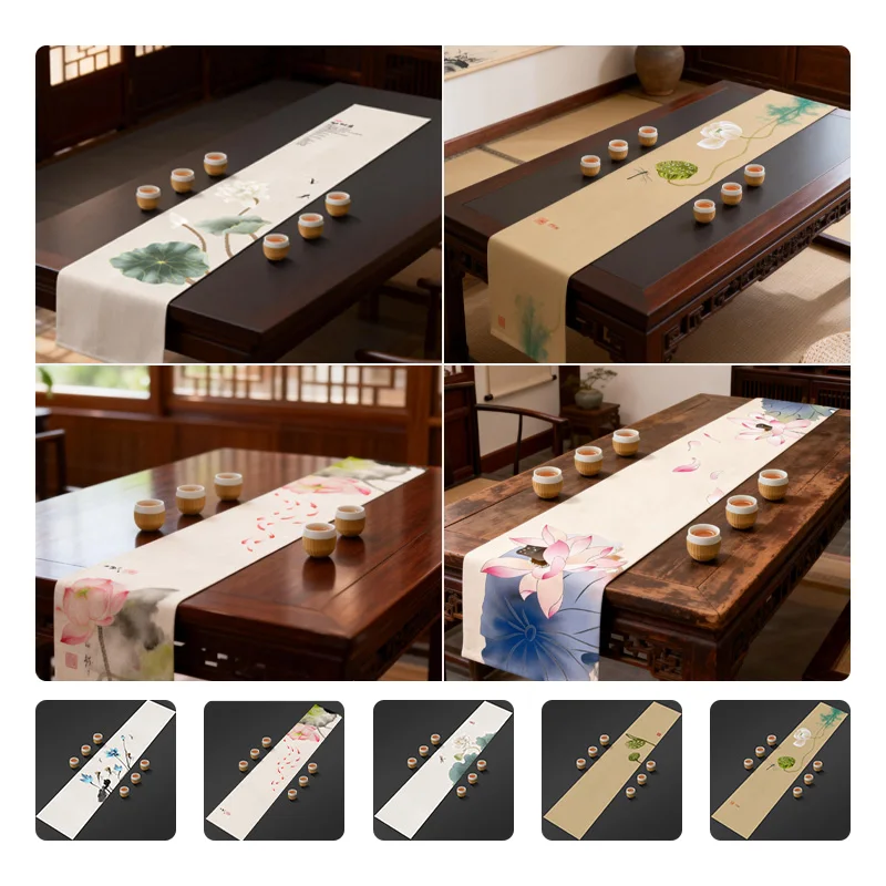 Chinese Lotus Pattern Table Runner Water-Repellent Coffee Table Cloth Decorative Cotton Linen Tea Mat Tea Ceremony Accessories