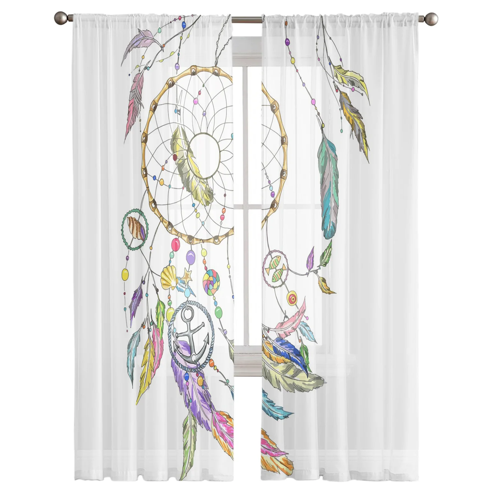 Dream Catcher Lines Feathers Tulle Curtain for Living Room Balcony Decor Sheer Curtain for Kitchen Bedroom Fashion Home Decor