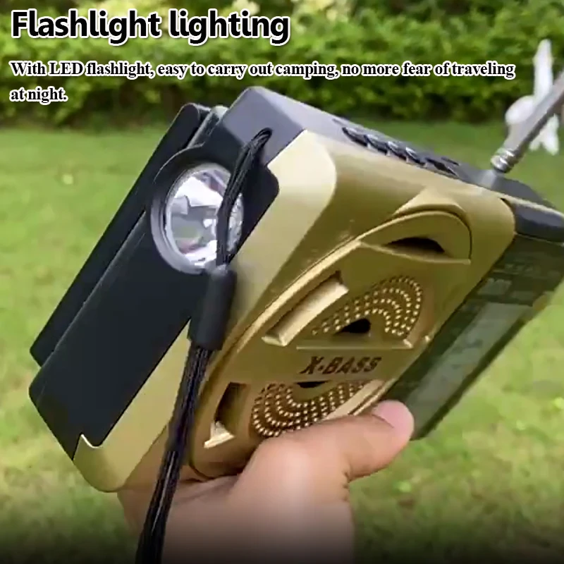 휴대용 빈티지 태양광 충전 라디오, 비상 FM AM SW 라디오, X-베이스 블루투스 스피커, MP3 음악 플레이어, 지지대 손전등, USB