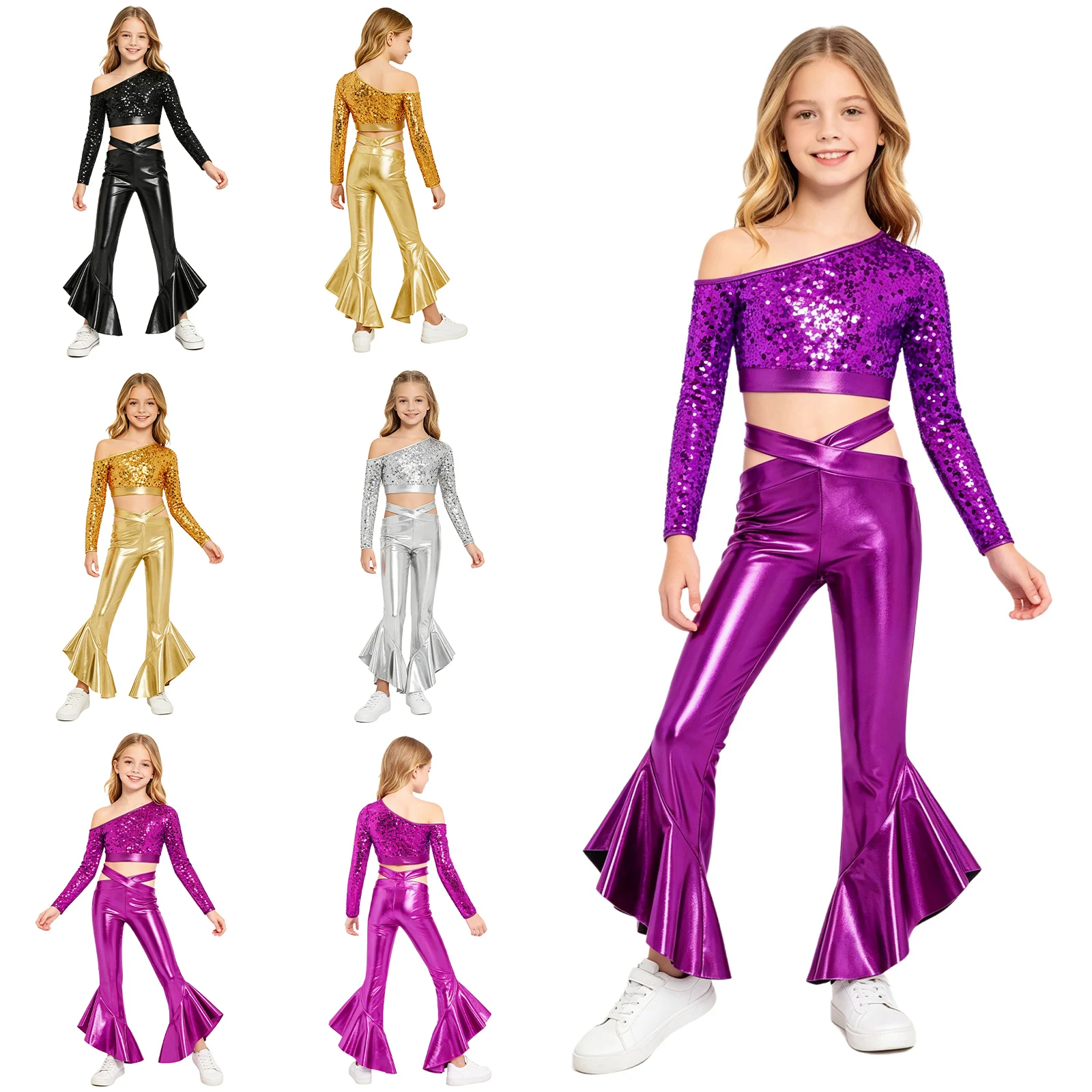 Kids Girls Metallic Party Set Jazz Dance Costume One Shoulder Long Sleeve Sequins Crop Top with Flared Pants for Performance