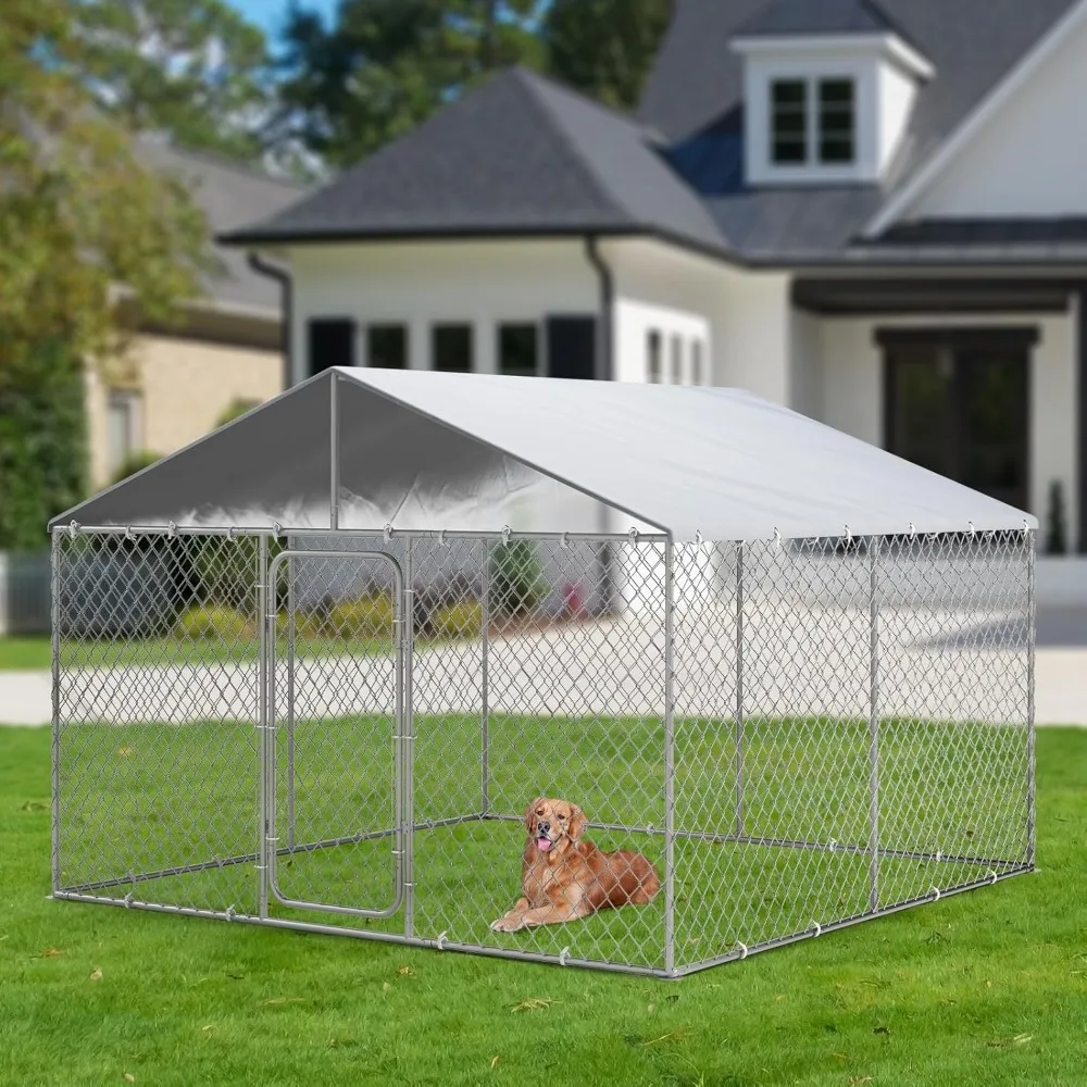 

Outdoor Dog Kennel with Cover, Large Dog Run Fence House Big Cage Pen Enclosure, Heavy Duty Dogs Play Cage Pen Kennel (118" L x