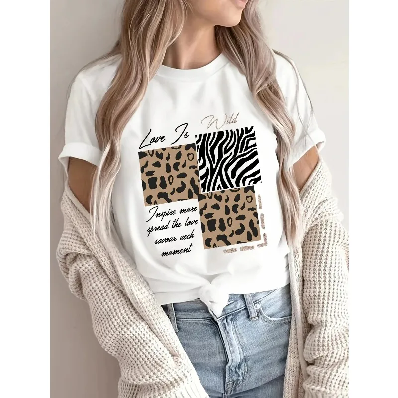 تي شيرت نسائي فضفاض برقبة دائرية وطبعة حمار وحشي بطبعة الفهد بالإضافة إلى حجم مريح كاجوال أسود بأكمام قصيرة