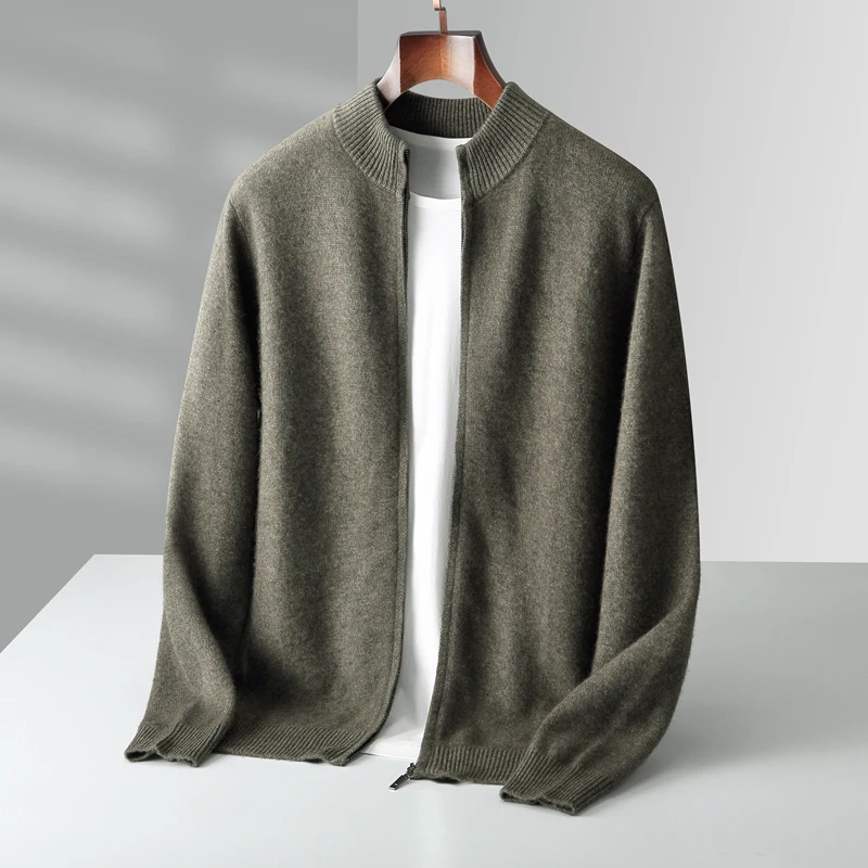 Fall/Winter New Men's 100% Pure Wool Half-high Neck Zipper Thickened Cardigan Jacket Knitted Sweater Jacket