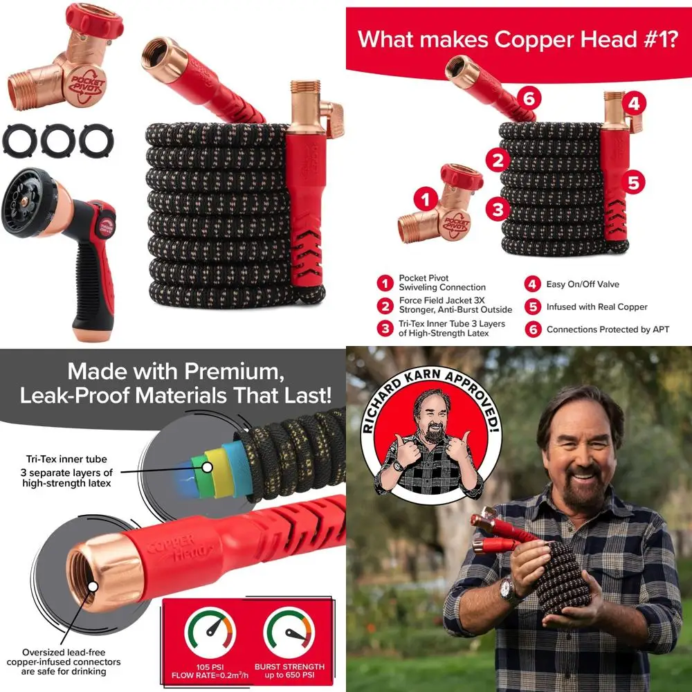 

Expandable Garden Hose 50 Feet with 10 Pattern Sprayer, UV-Resistant Copper Head, 650 PSI, 3/4 Inch Diameter, High-Pressure Wate