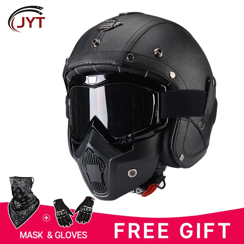 Open Face Helmet Retro 3/4 Motorcycle Helmets with Protective Mask Men Leather German Style Jet Four Seasons DOT