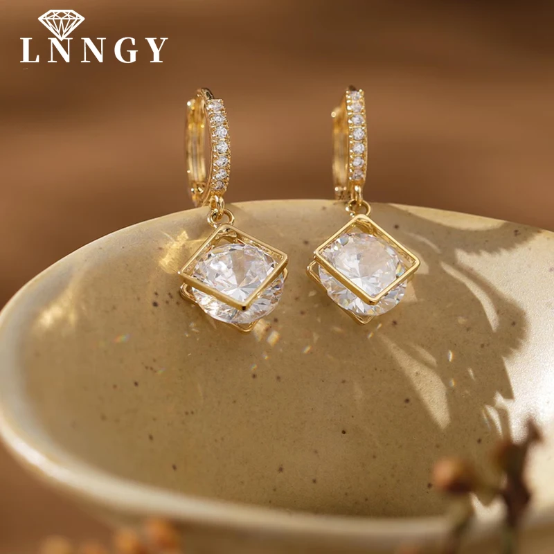 Lnngy Certified 6.5MM Round Moissanite Drop Earrings Trendy 14K Gold Filled Square Dangle Earring For Women Wedding Jewelry Gift